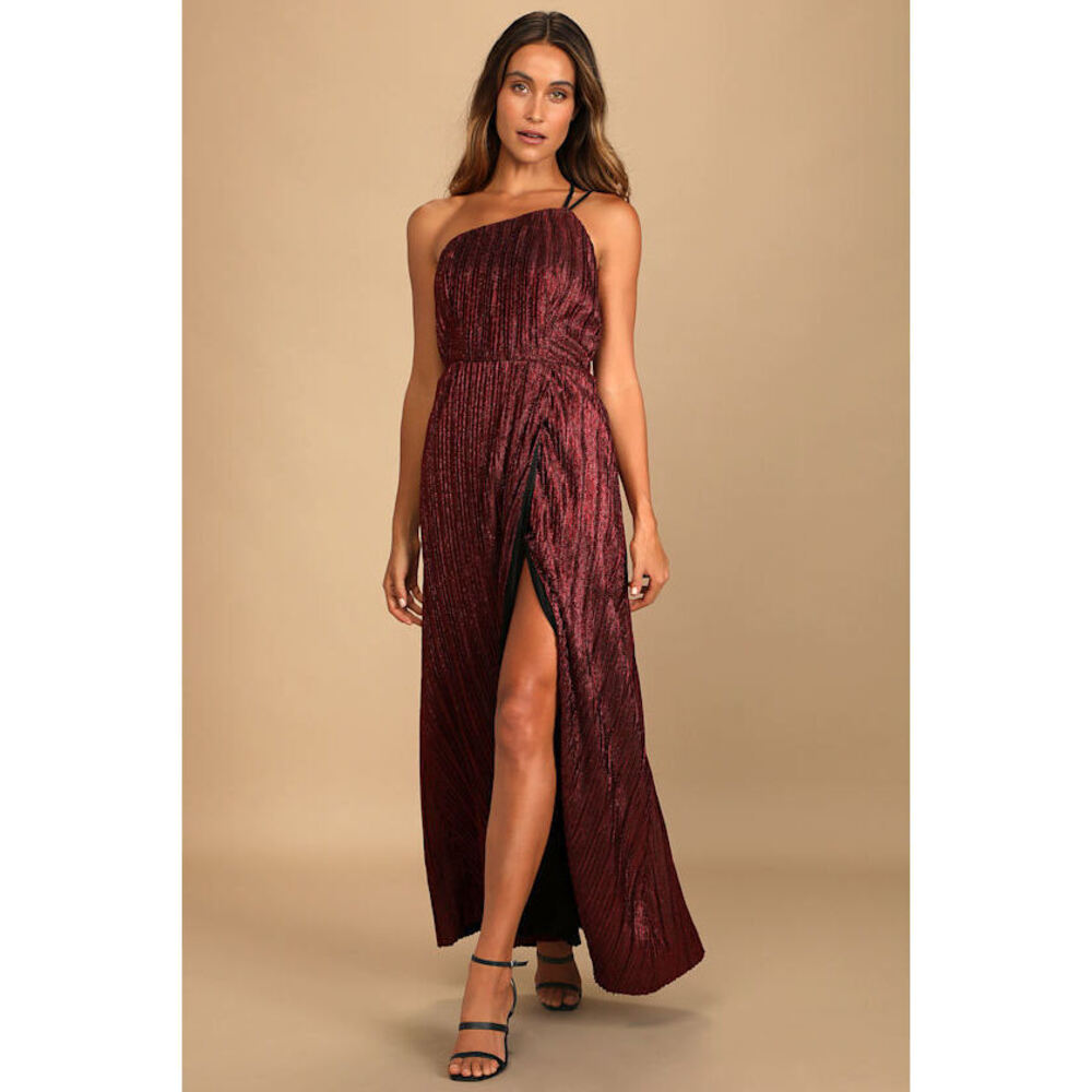 Lulus Get To The Groove Shiny Red Pleated One-shoulder Maxi Dress - Size L